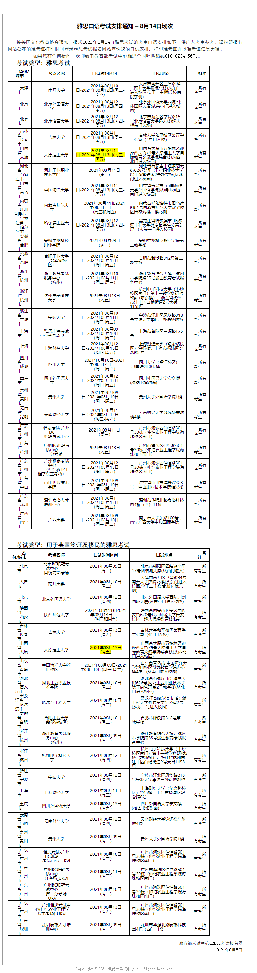 雅思口语考试安排通知 – 8月14日场次