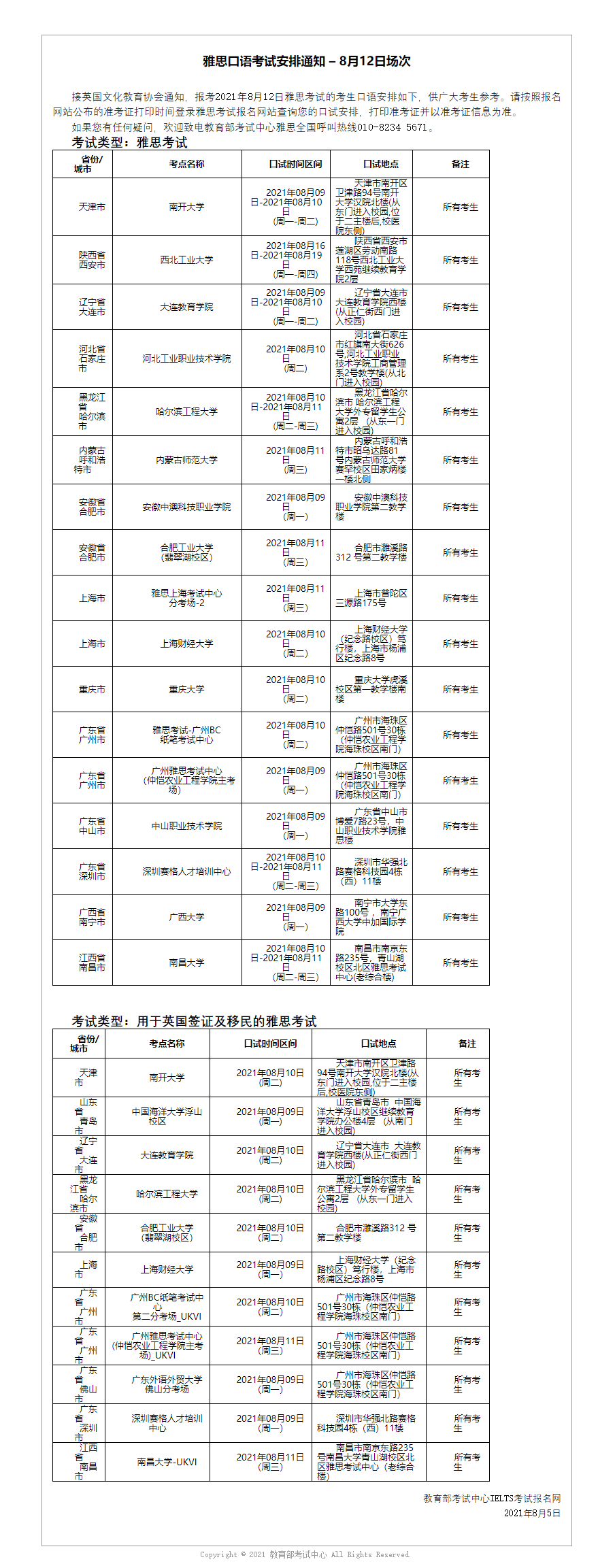 雅思口语考试安排通知 – 8月12日场次