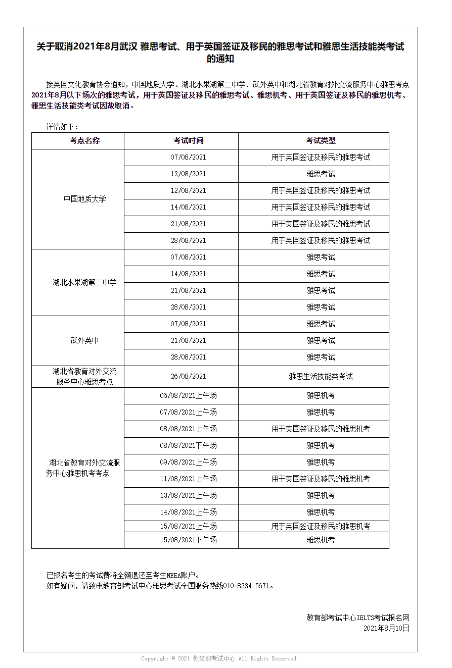 关于取消2021年8月武汉 雅思考试、用于英国签证及移民的雅思考试和雅思生活技能类考试的通知