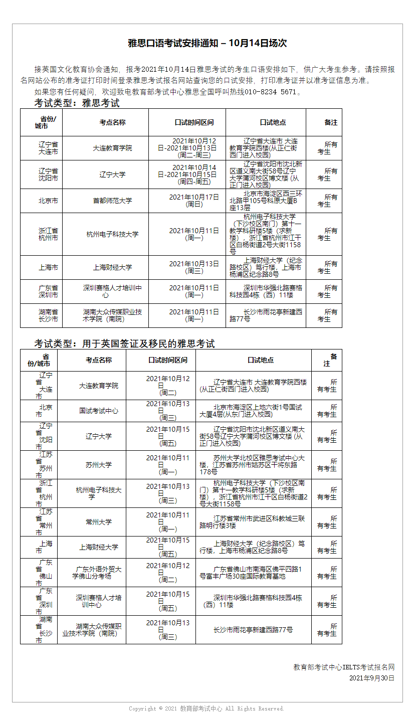 雅思口语考试安排通知 – 10月14日场次