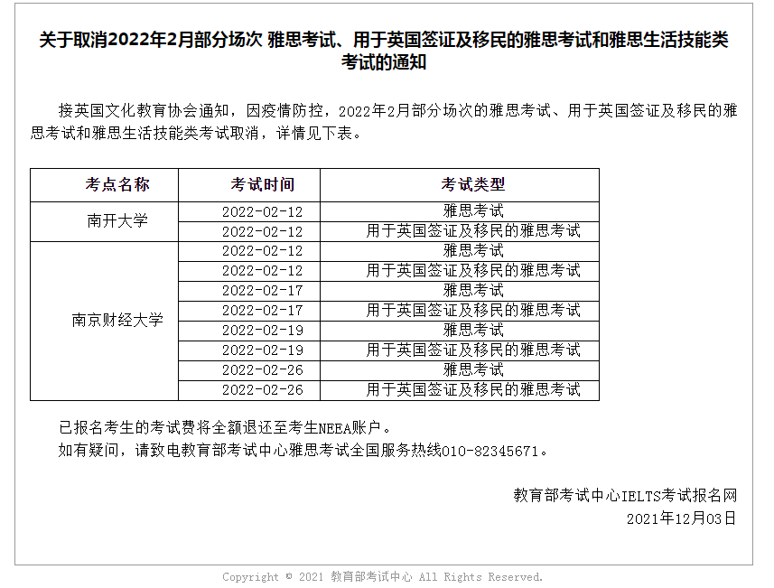 关于取消2022年2月部分场次 雅思考试、用于英国签证及移民的雅思考试和雅思生活技能类考试的通知